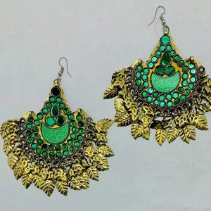 Green Glass Kuchi Earrings: Afghan Tribal Boho Dangle Earrings